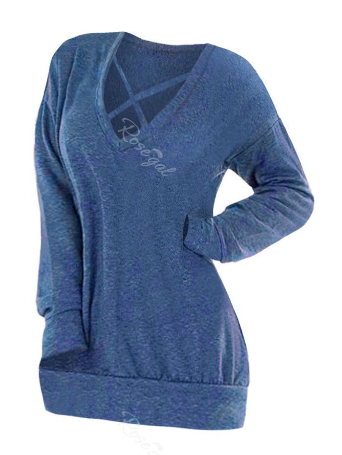 

Plus Size Plain Crisscross Tunic Tee, Mist blue