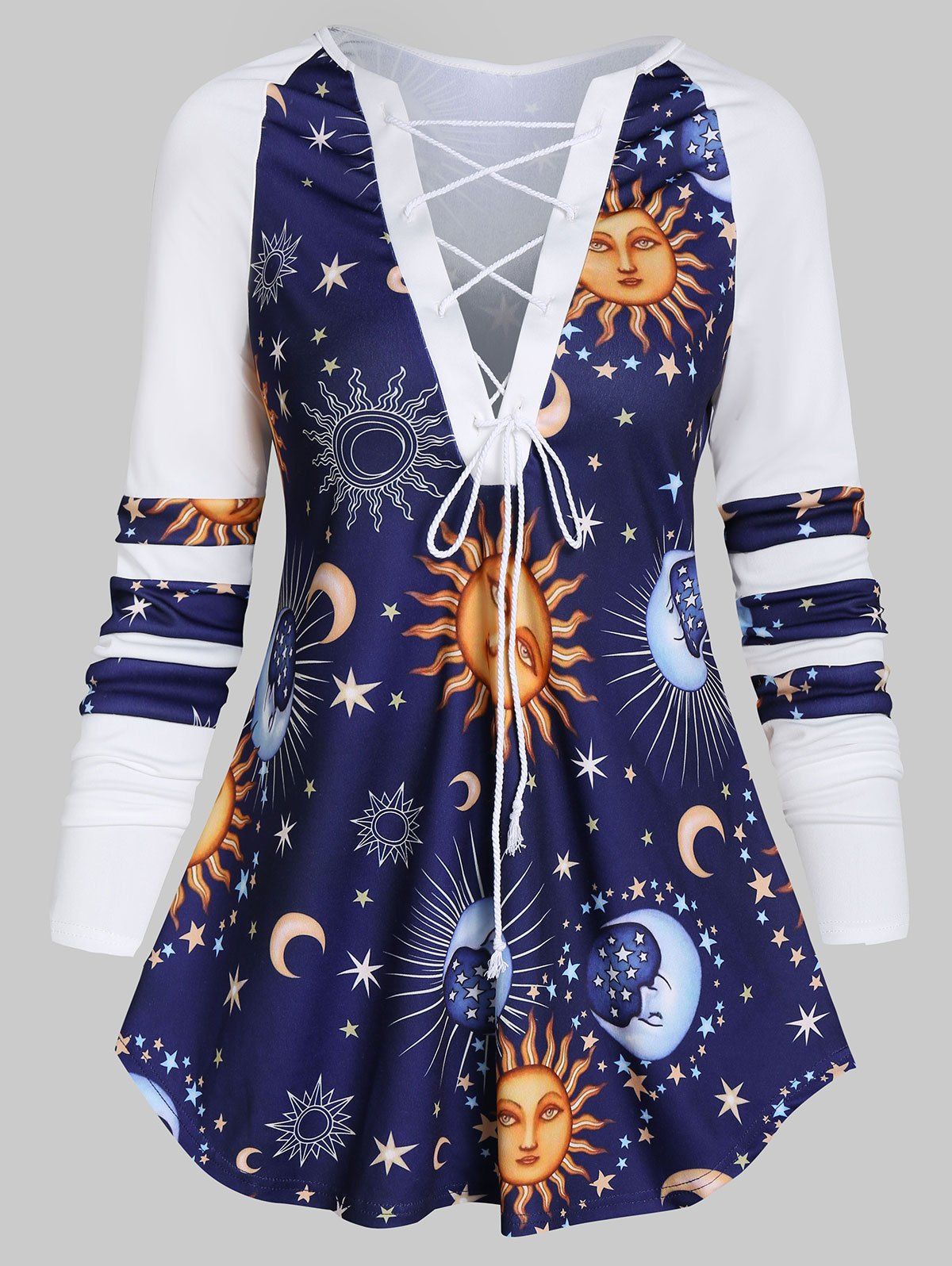 

Sun Moon Star Print Raglan Sleeve Lace-up Flare T-shirt, Multi-a
