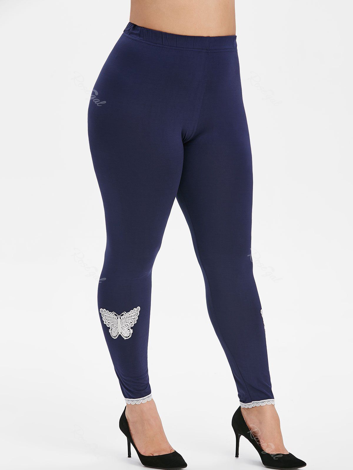 

High Waisted Butterfly Lace Panel Plus Size Leggings, Cadetblue