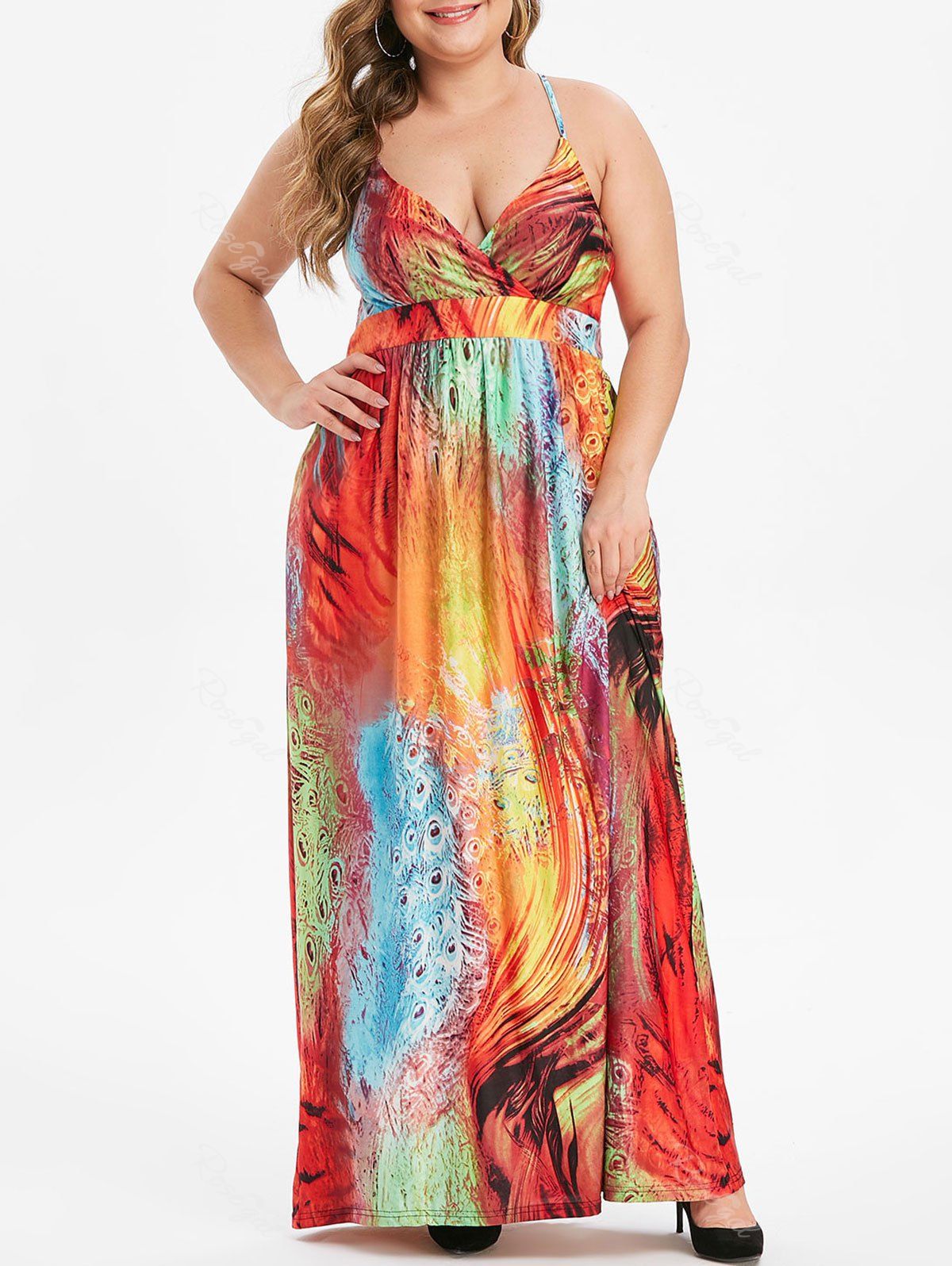 Plus Size Feather Print Shirred Maxi Cami Dress [24% OFF] | Rosegal