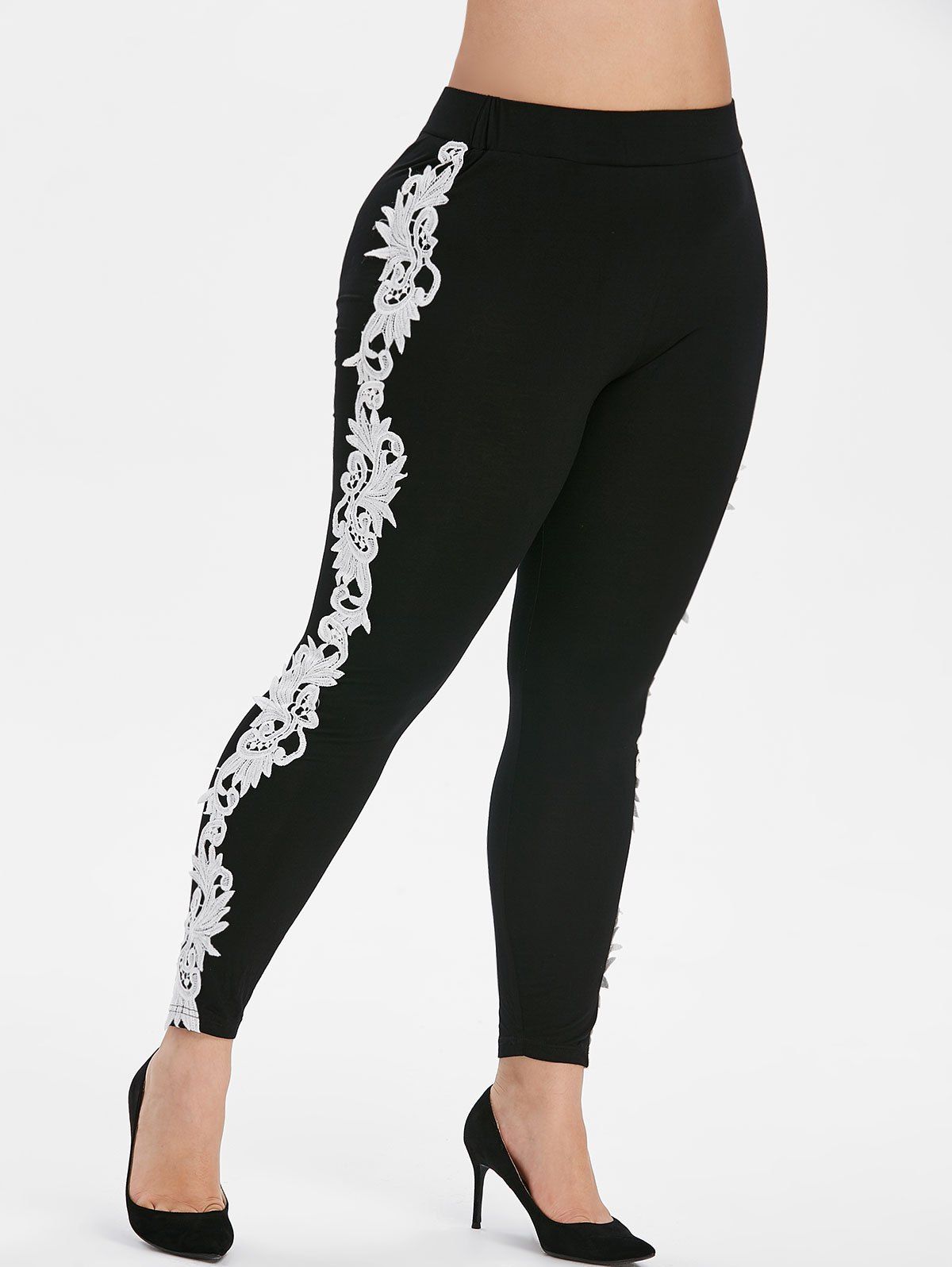 

Plus Size Lace Insert High Waisted Tapered Leggings, Black