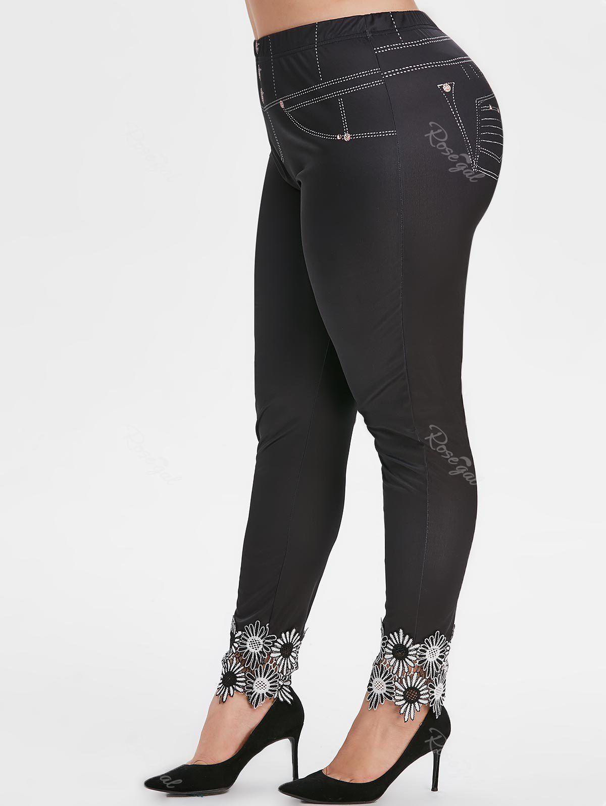 

Plus Size 3D Lace Applique Skinny Leggings, Black