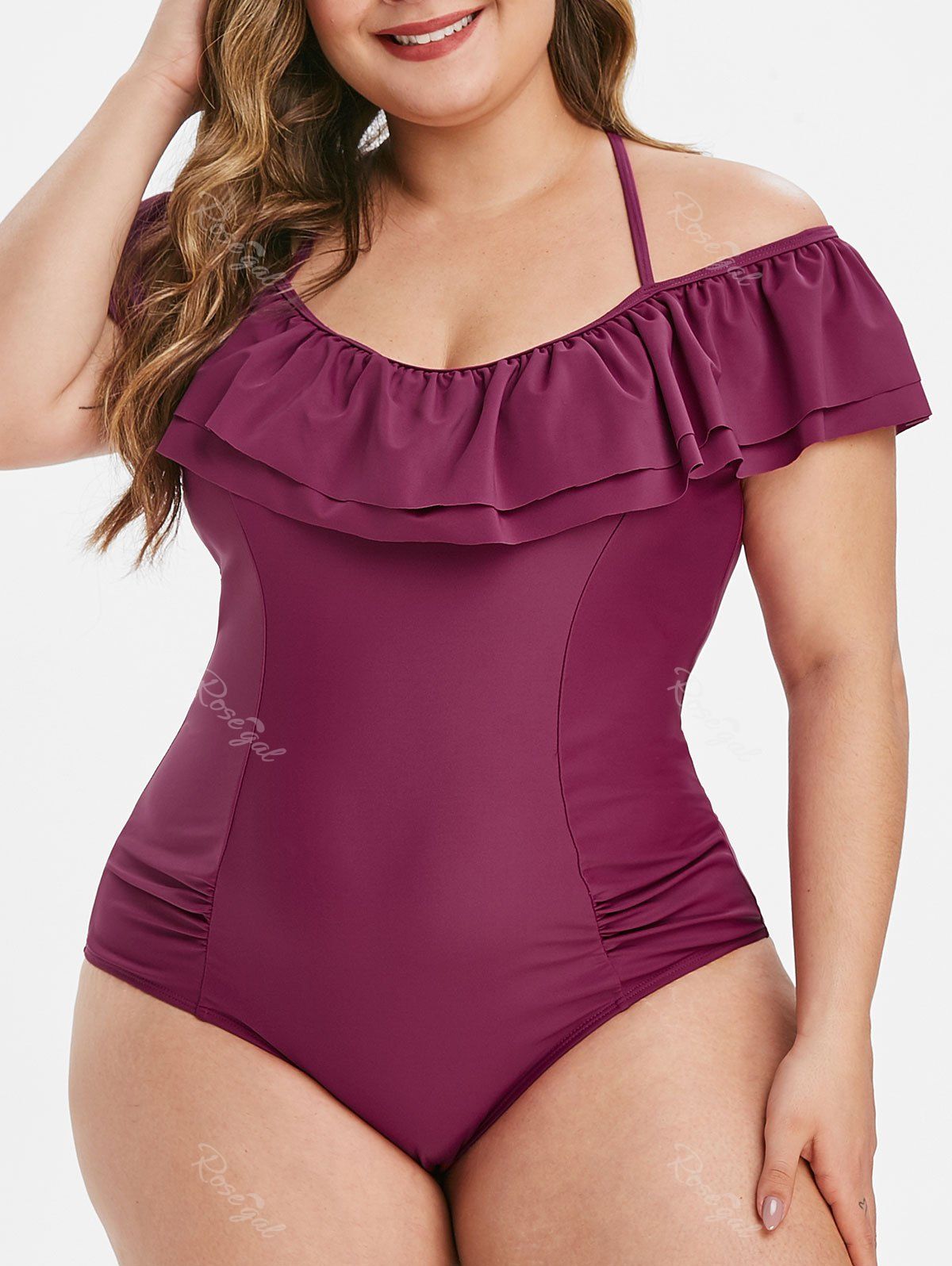 

Plus Size Ruched Flounce One-piece Swimsuit, Maroon