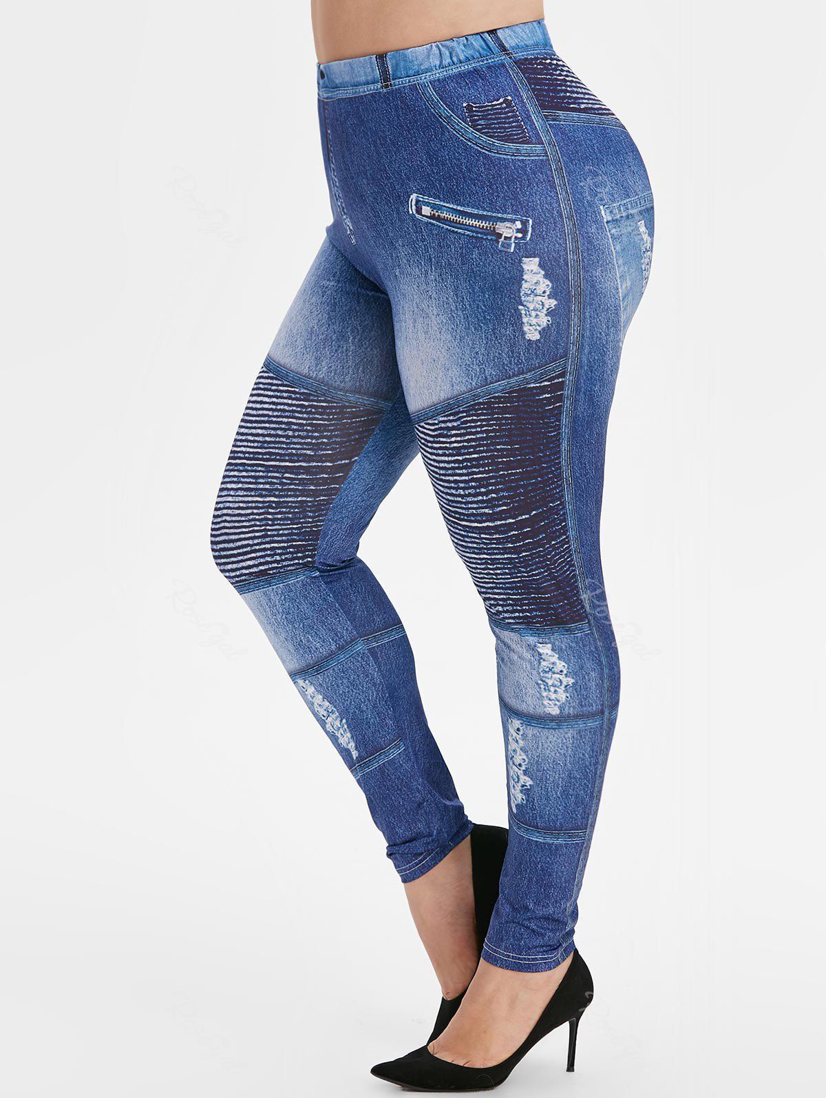 

Plus Size 3D Ripped Jean Print Skinny Leggings, Blueberry blue