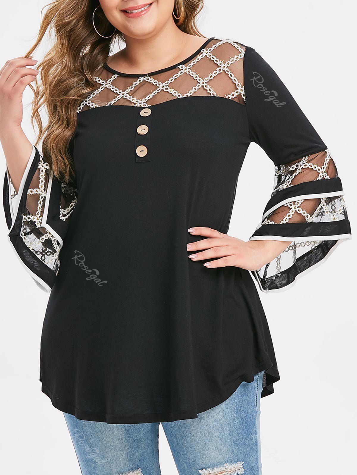 

Plus Size Grid Mesh Insert Flare Sleeve Mock Button T-shirt, Black