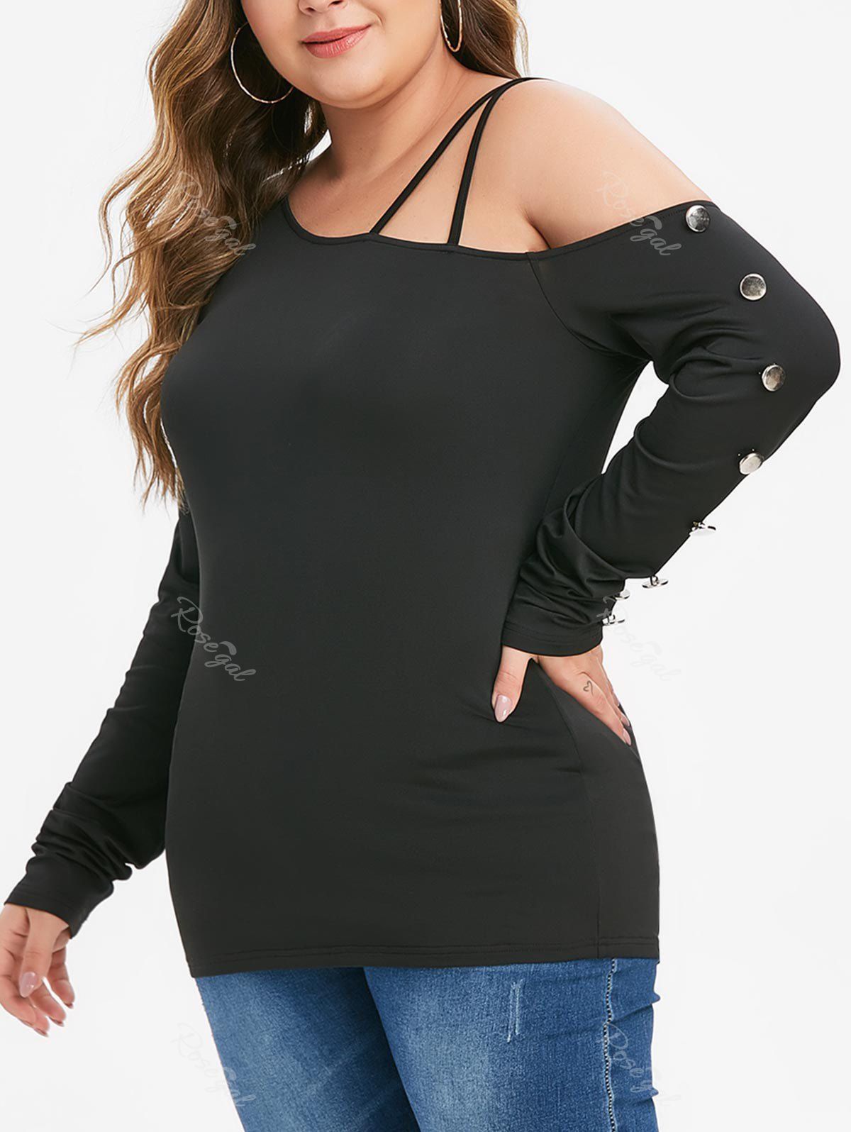 

Plus Size Strappy Button Embellished Plain T-shirt, Black