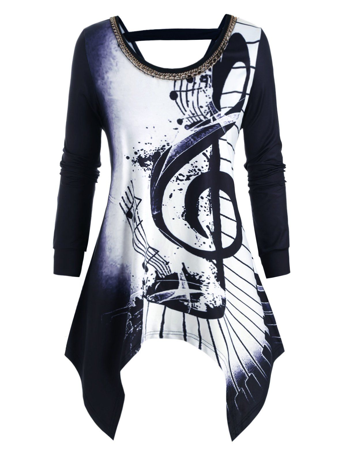 

Plus Size Musical Print Ombre Handkerchief T Shirt, Black