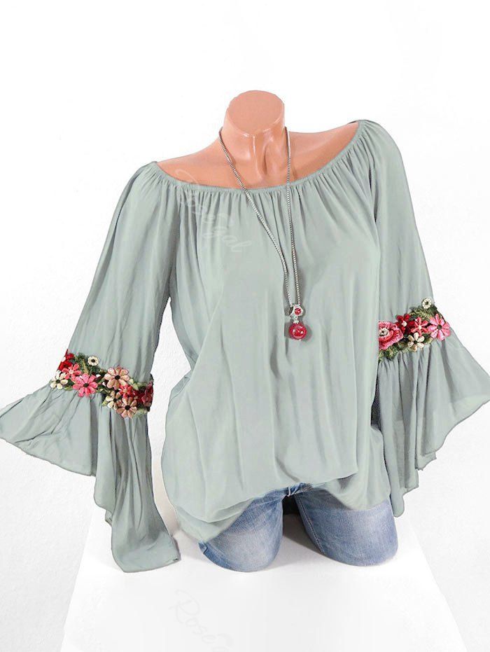 

Plus Size Bell Sleeve Embroidered Blouse, Gray goose