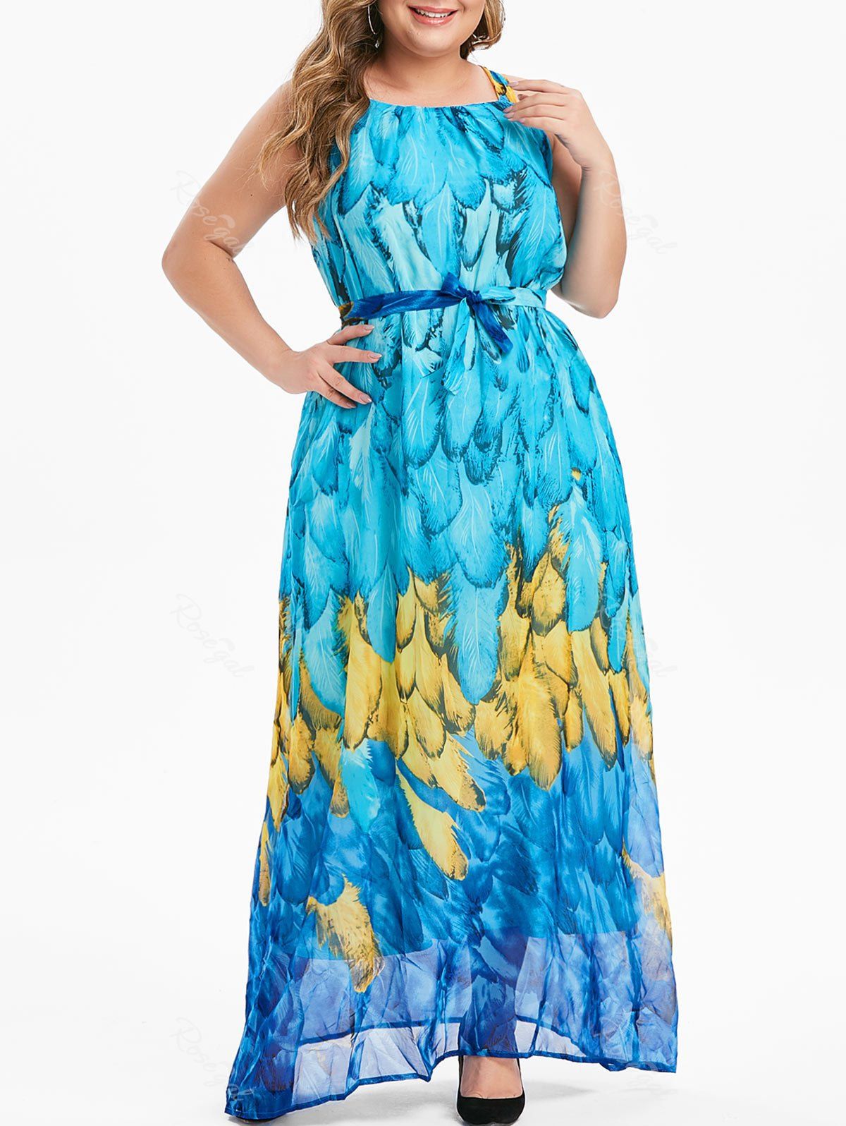 

Plus Size Feather Print Belt Maxi Chiffon Dress, Blue