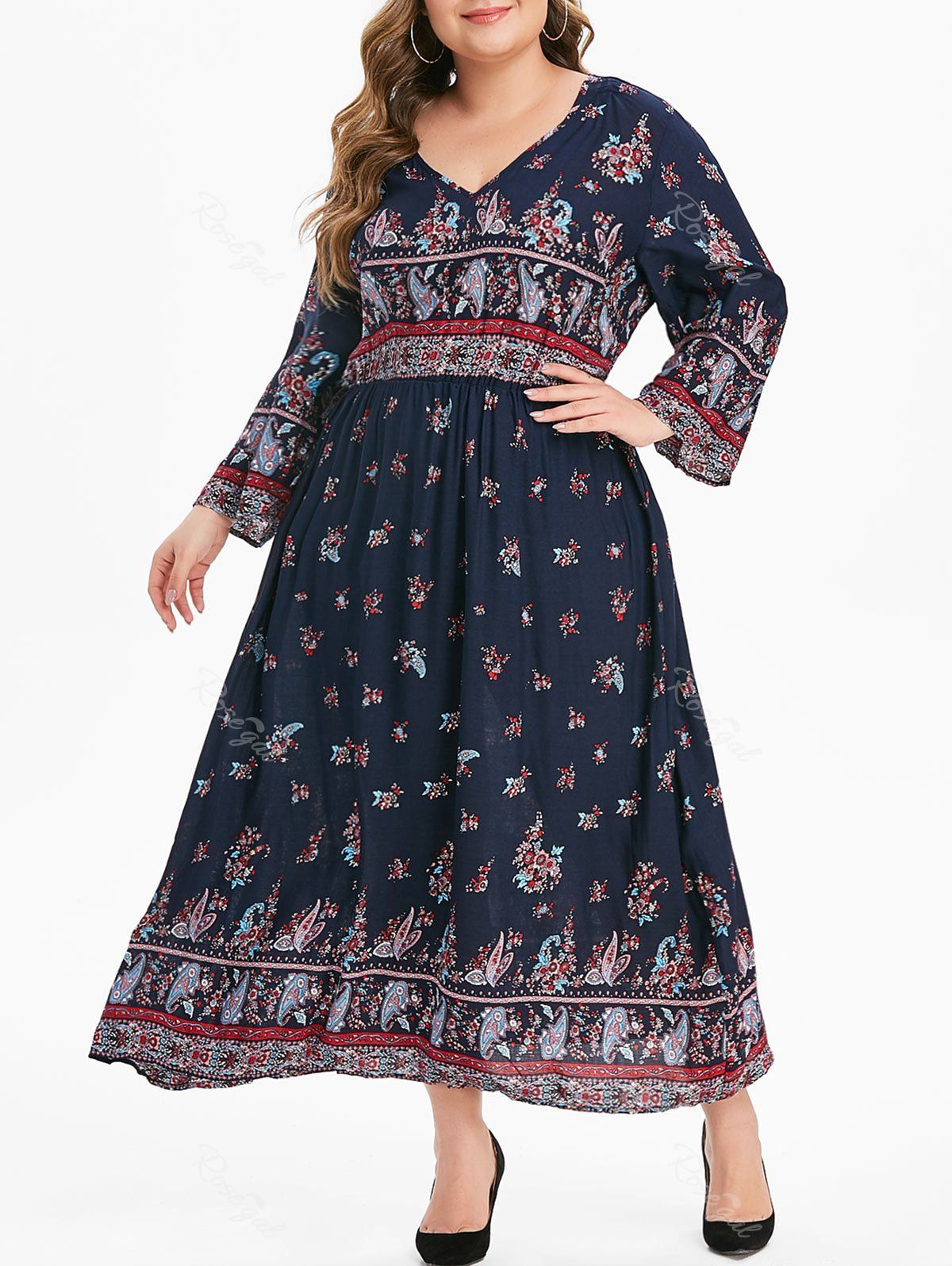 

V Neck Paisley Floral Print Plus Size Maxi Dress, Cadetblue