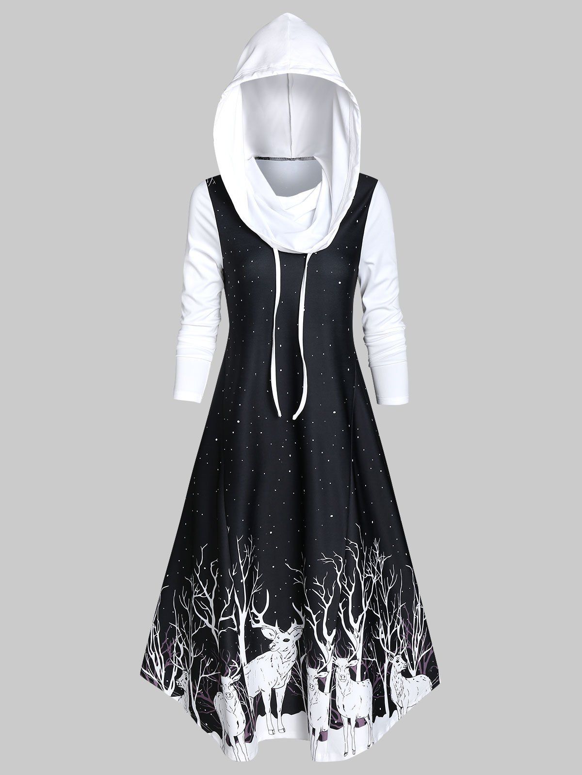 

Hooded Deer Print Fit And Flare Long Sleeve Dress, Black