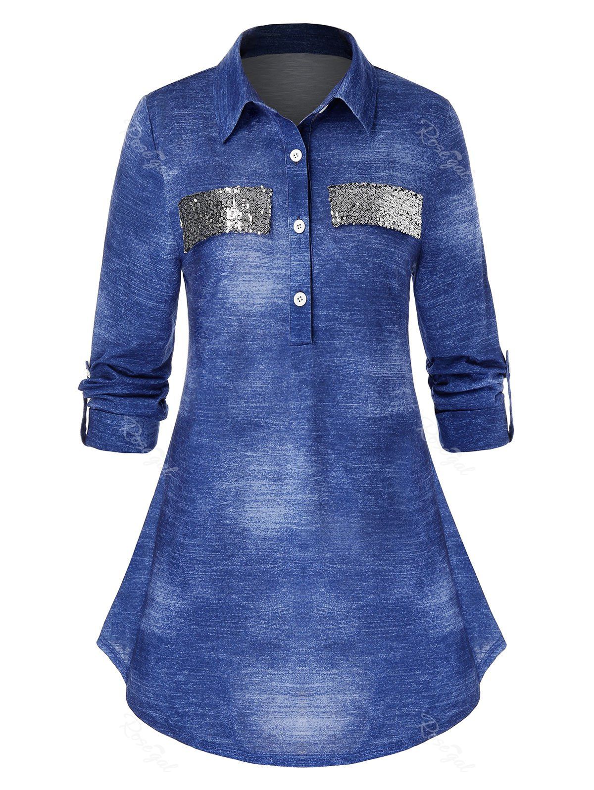 

Plus Size Wash Sequins Design Long Sleeve Top, Cobalt blue