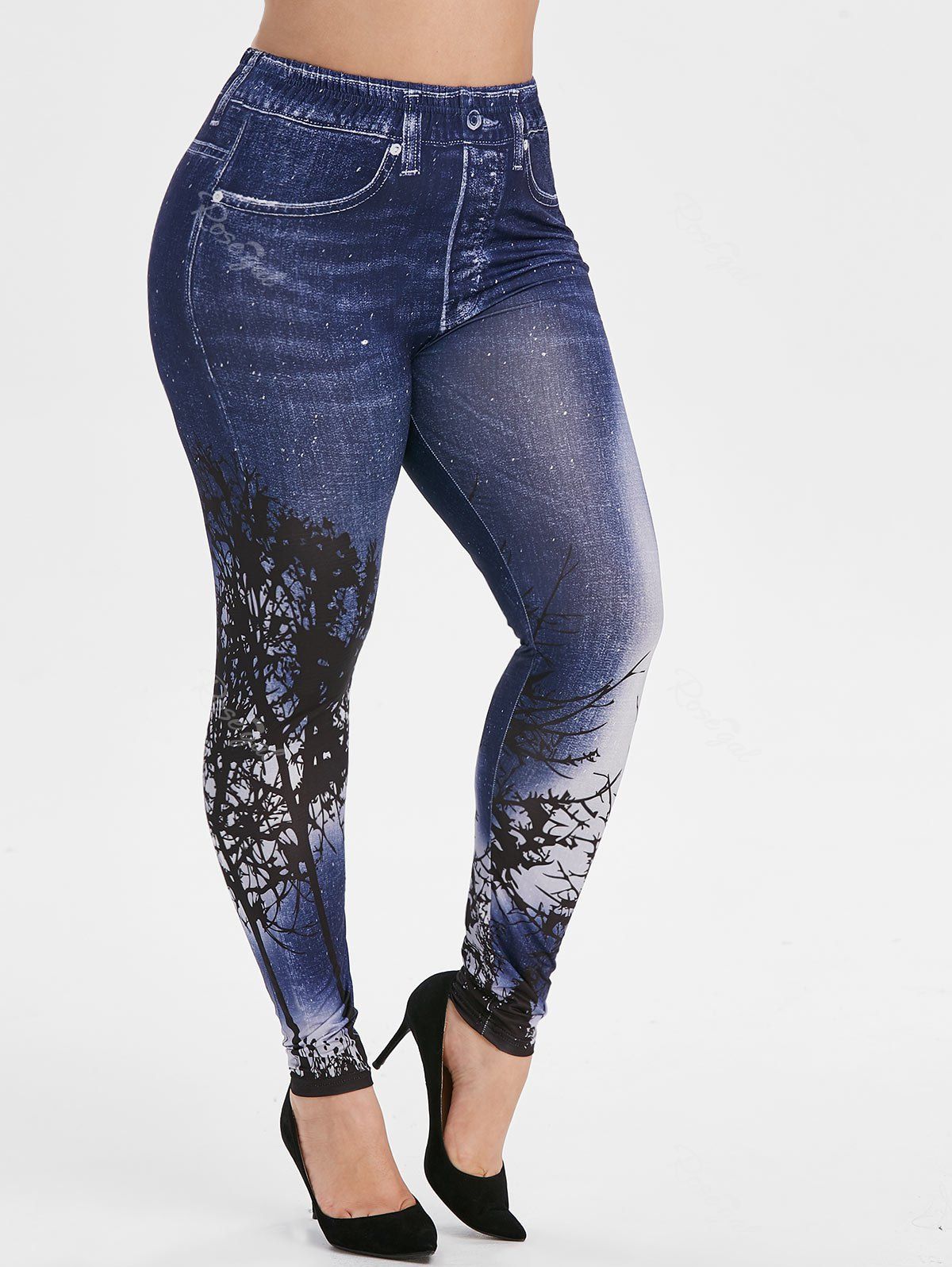 

Pull On 3D Tree Printed High Waisted Plus Size Jeggings, Blue