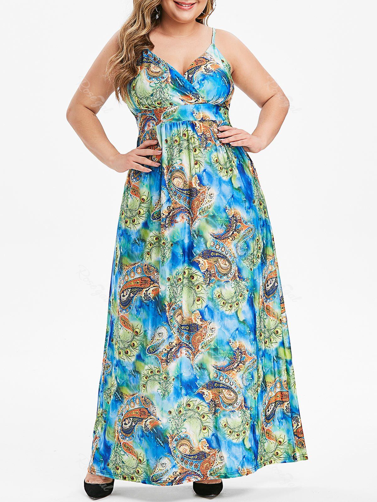 

Plus Size Feather Paisley Print Maxi Cami Dress, Blue