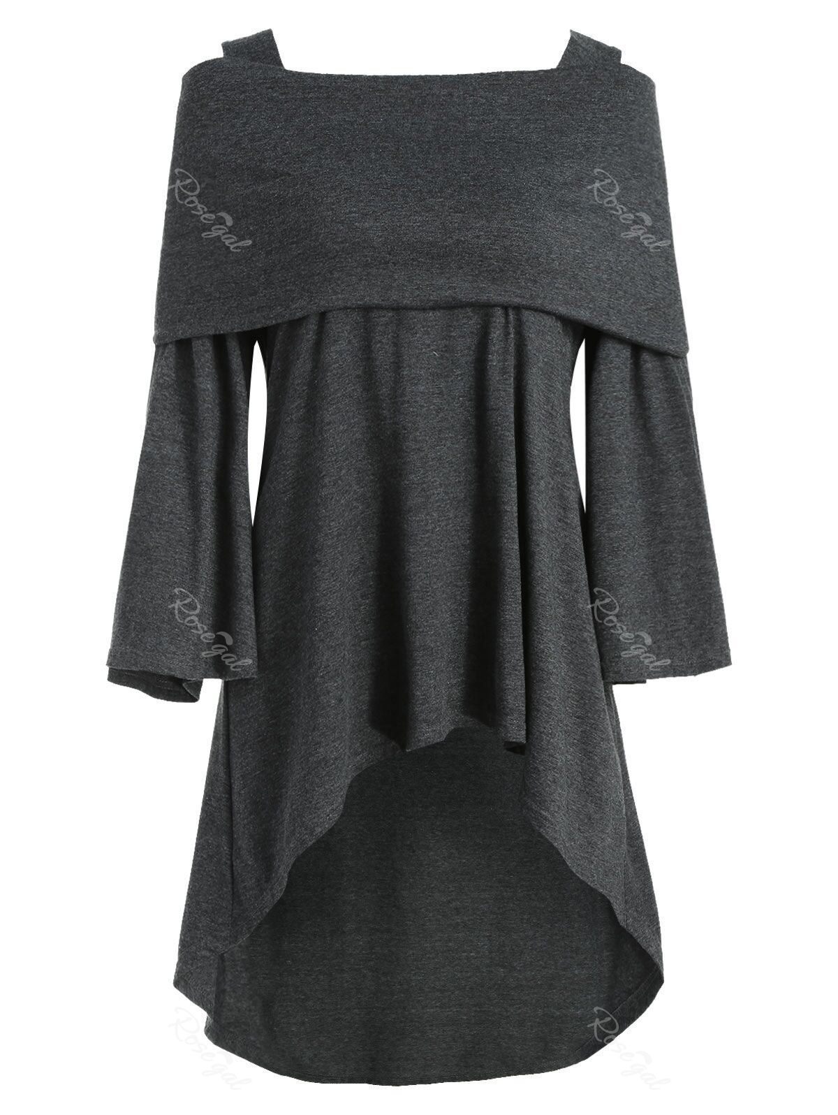 

Plus Size Bell Sleeve High Low Foldover T Shirt, Gray