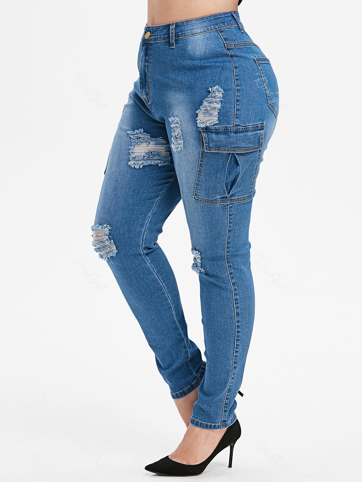 

Plus Size Side Pockets Light Wash Ripped Tapered Jeans, Dodger blue