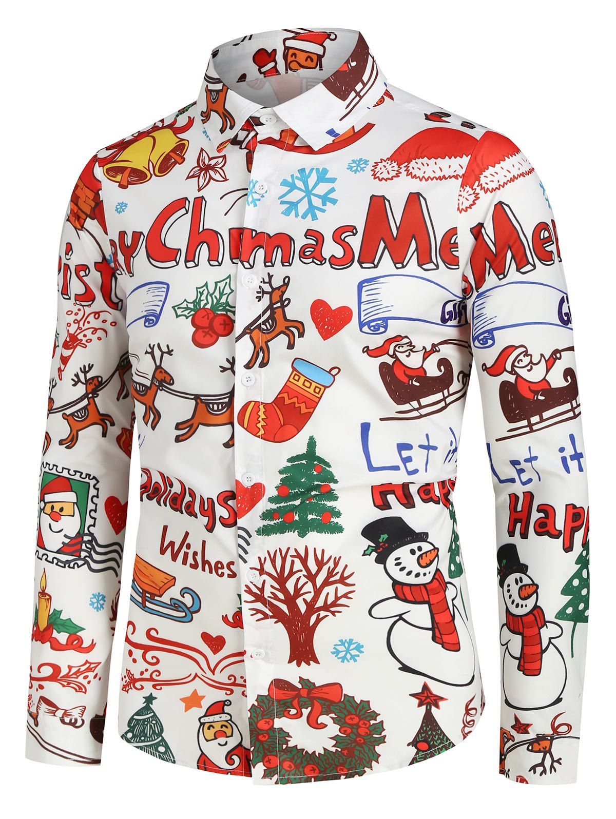 

Plus Size Christmas Cartoon Print Button Up Long Sleeve Shirt, White