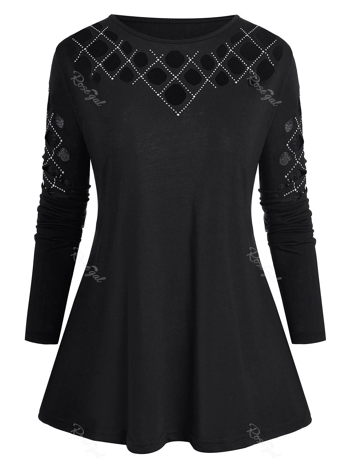 

Plus Size Studded Hollow Out Long Sleeve Tee, Black