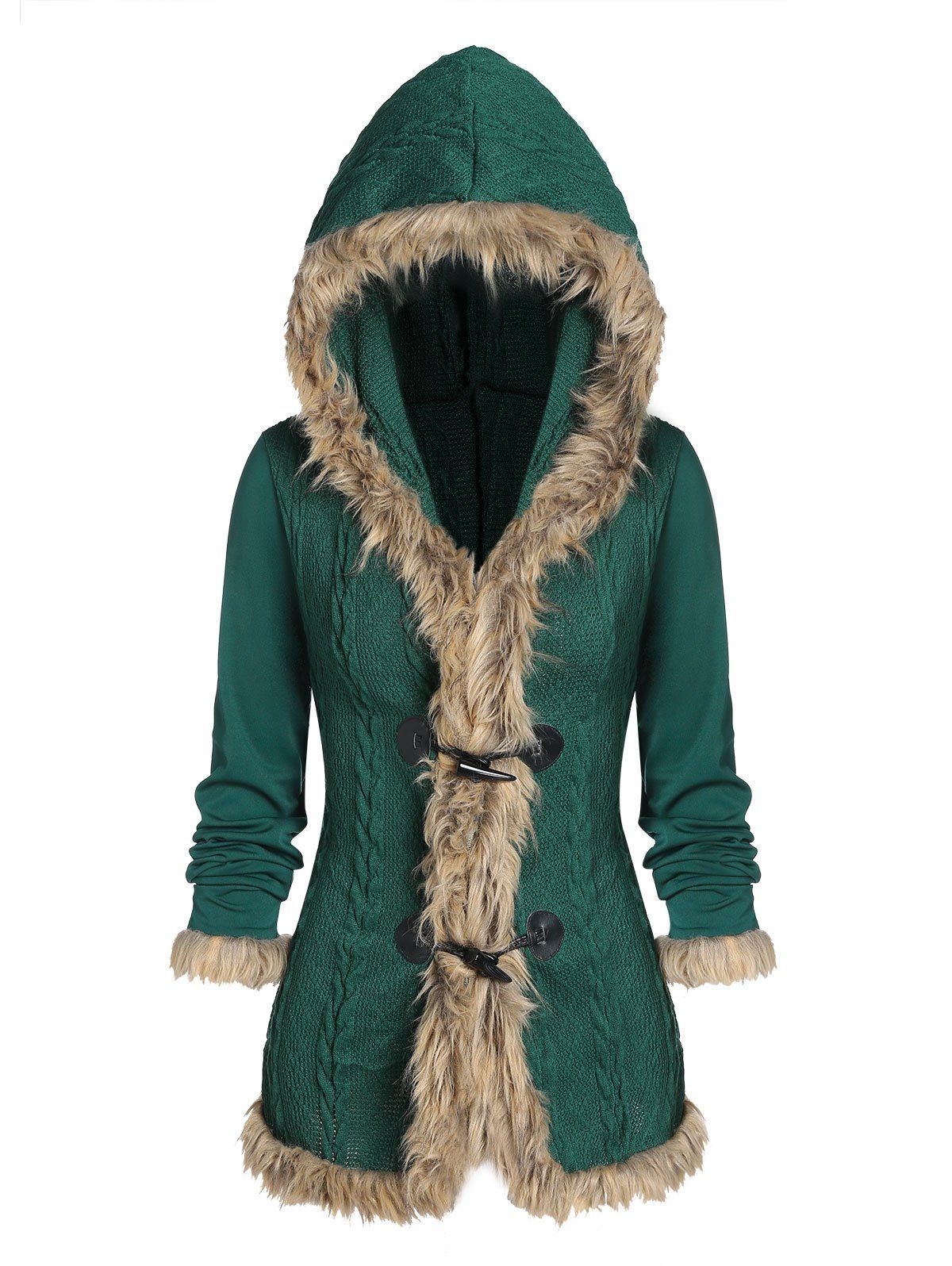 

Hooded Horn Buckle Faux Fur Trim Cable Knit Coat, Greenish blue