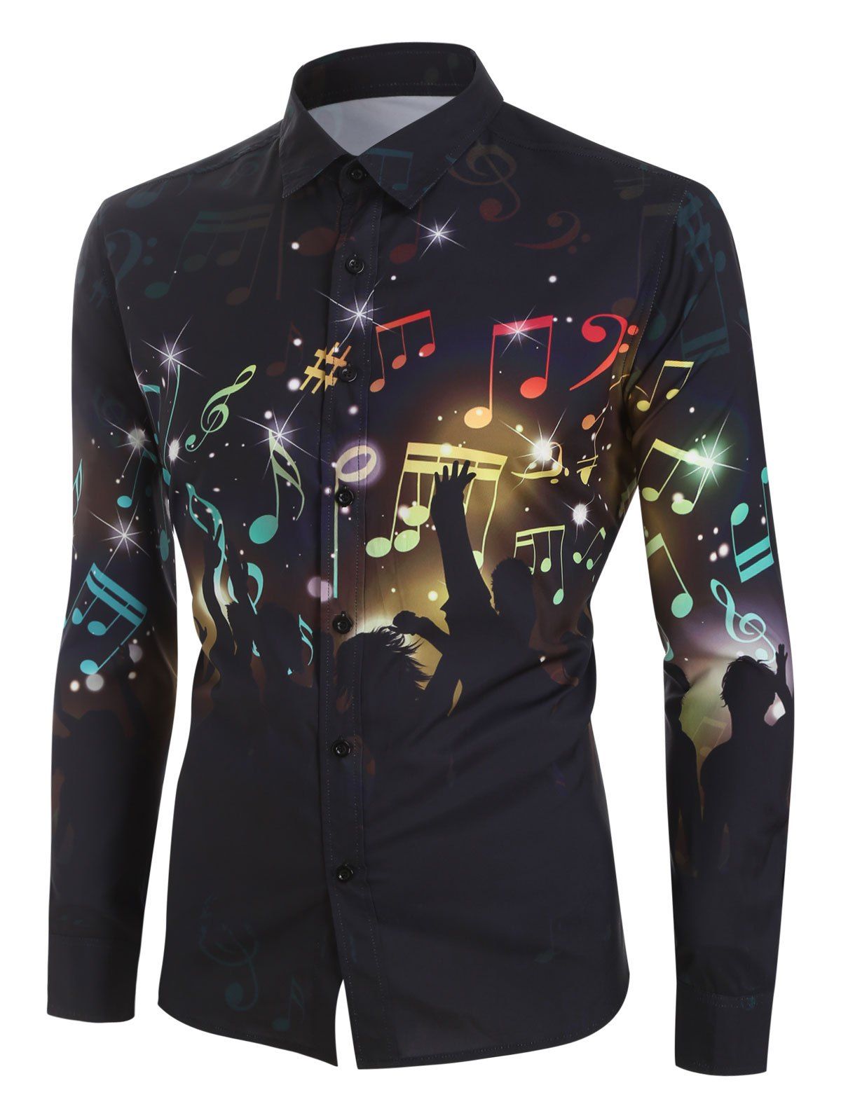 

Plus Size Music Note Audience Button Long Sleeve Shirt, Black