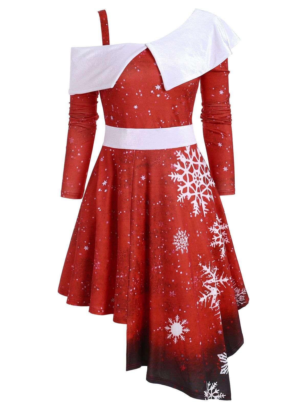 

Snowflake Velvet Panel Asymmetric Christmas Dress, Red