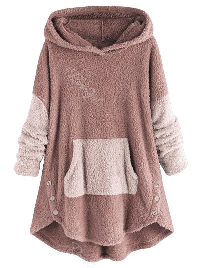 

High Low Front Pocket Fluffy Faux Shearling Plus Size Hoodie, Pink