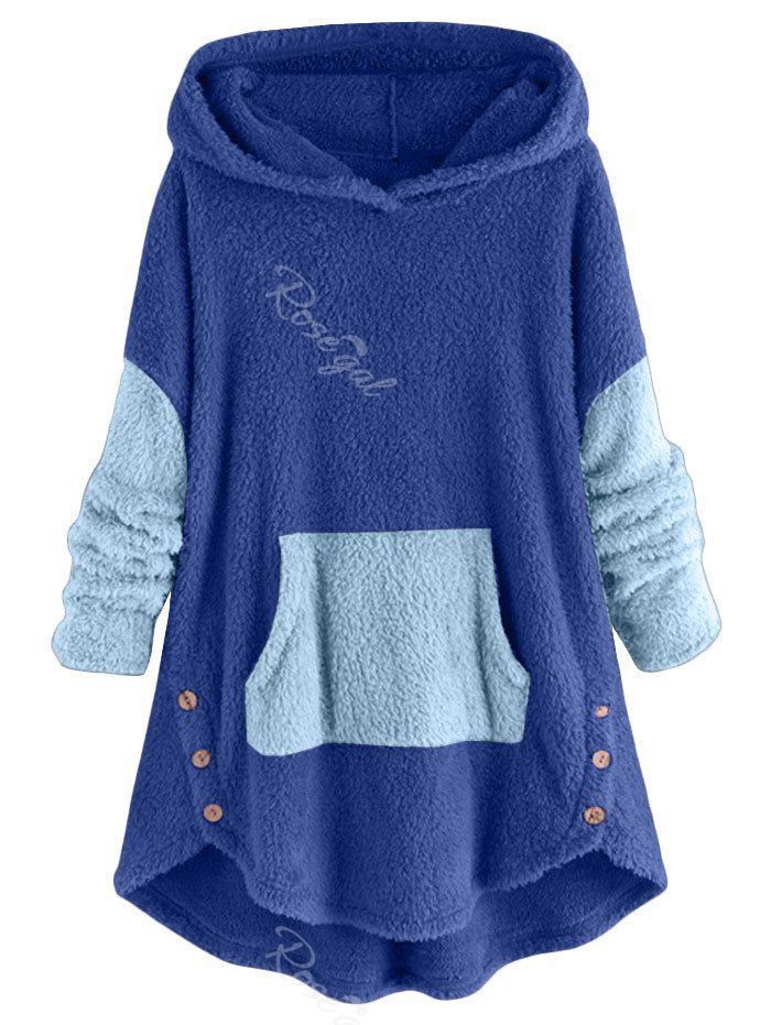 

High Low Front Pocket Fluffy Faux Shearling Plus Size Hoodie, Blue
