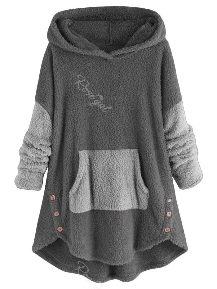 

High Low Front Pocket Fluffy Faux Shearling Plus Size Hoodie, Gray