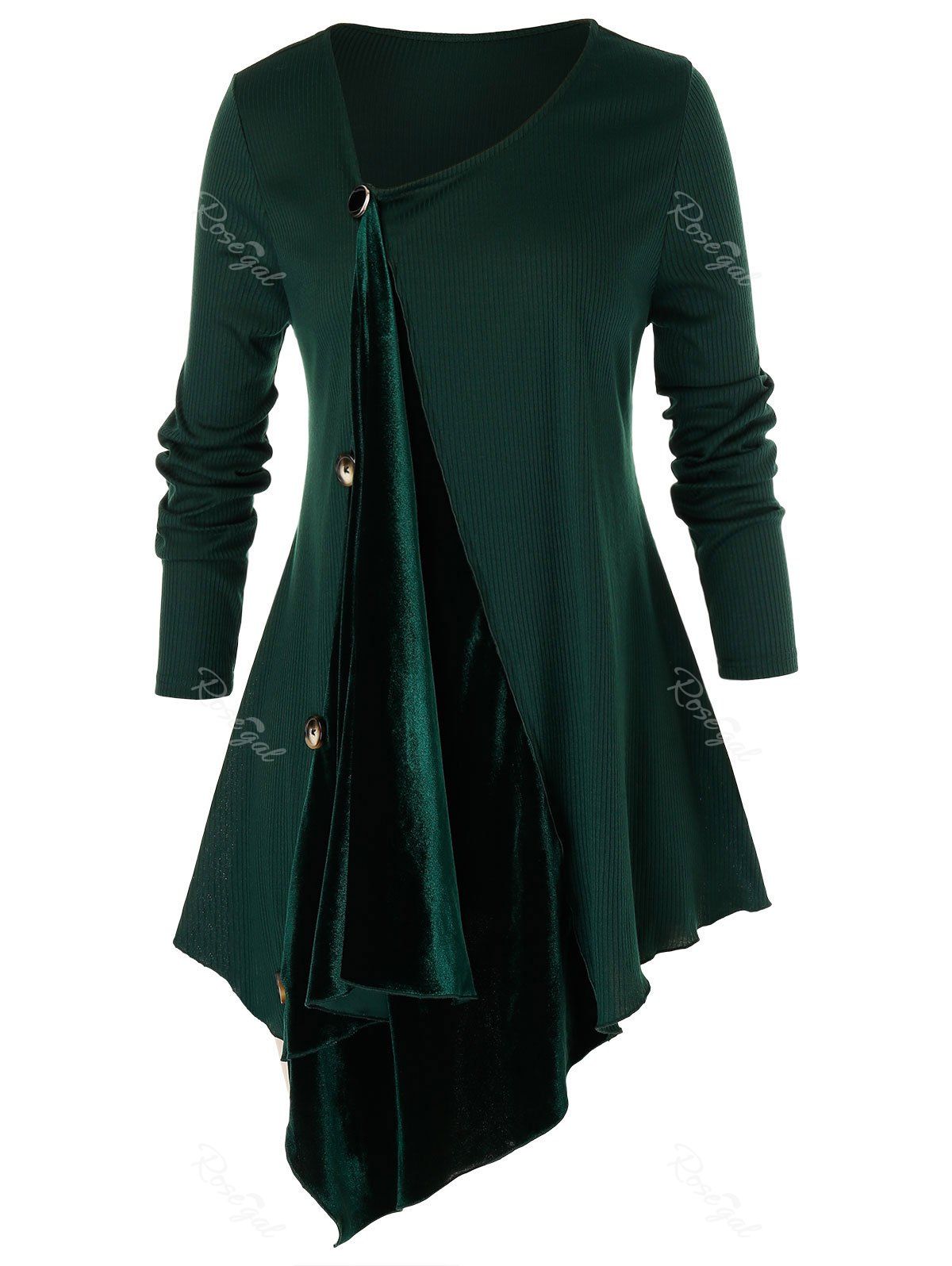 

Plus Size Velvet Insert Asymmetrical T Shirt, Dark green