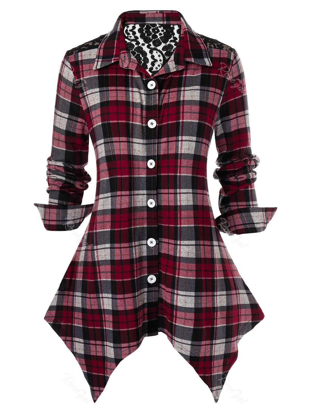 

Plus Size Lace Panel Plaid Handkerchief Shirt, Multi