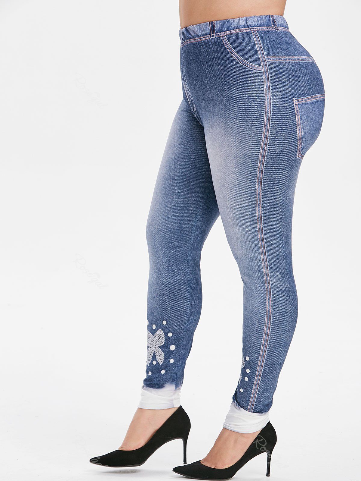 

Plus Size Bowknot Print High Waisted Skinny Jeggings, Blue gray