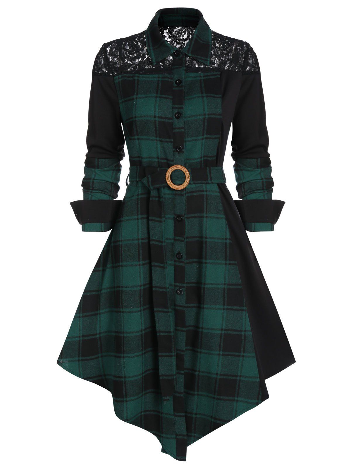 

Lace Panel Plaid Print Belted Shirt Dress, Medium sea green