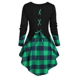 

Plaid Lace Up Dip Hem Knitwear, Clover green