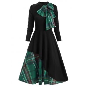 

Plaid Contrast Bowknot Flared Overlay Dress, Black