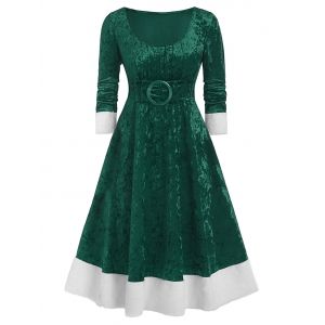 

Plus Size Christmas O-ring Bowknot Contrast Velvet Midi Dress, Sea turtle green