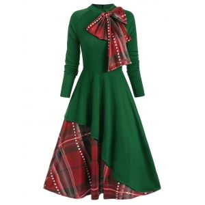 

Plaid Contrast Bowknot Flared Overlay Dress, Deep green