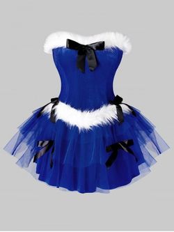 Plus Size Strapless Christmas A Line Faux Fur Panel Velvet Dress - COBALT BLUE - 1X