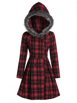 Double Breasted Fur Hooded Coat - MULTI-A - L