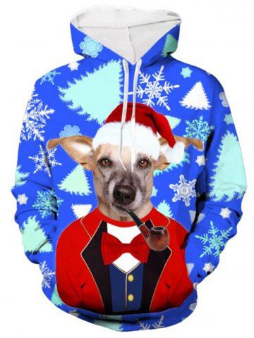 Christmas Dog Snowflake Print Drawstring Hoodie - BLUE - XL