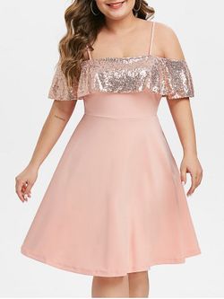 Plus Size Sequin Open Shoulder Party Cocktail Dress - ROSE - M