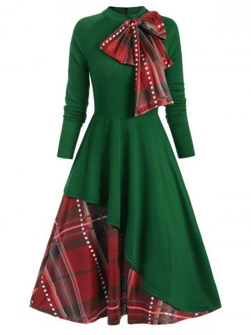 Plaid Contrast Bowknot Flared Overlay Dress - DEEP GREEN - 3XL