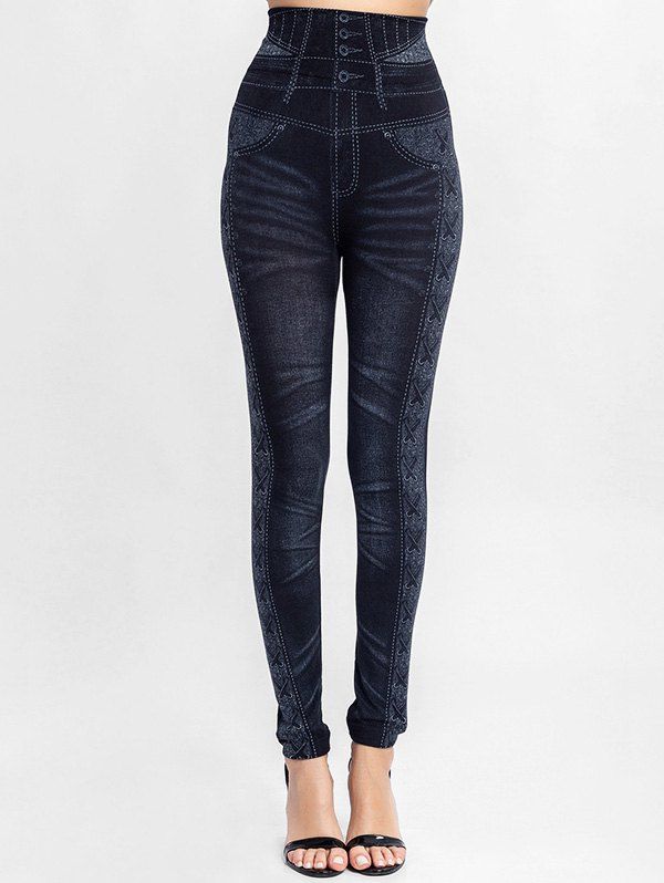 

High Waisted 3D Print Knit Jeggings, Black