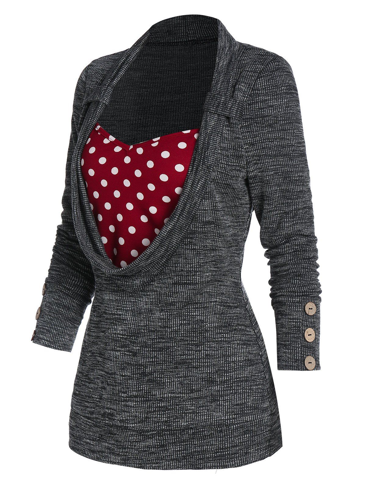 

Polka Dot Print Button Embellished Ribbed Faux Twinset Sweater, Gray