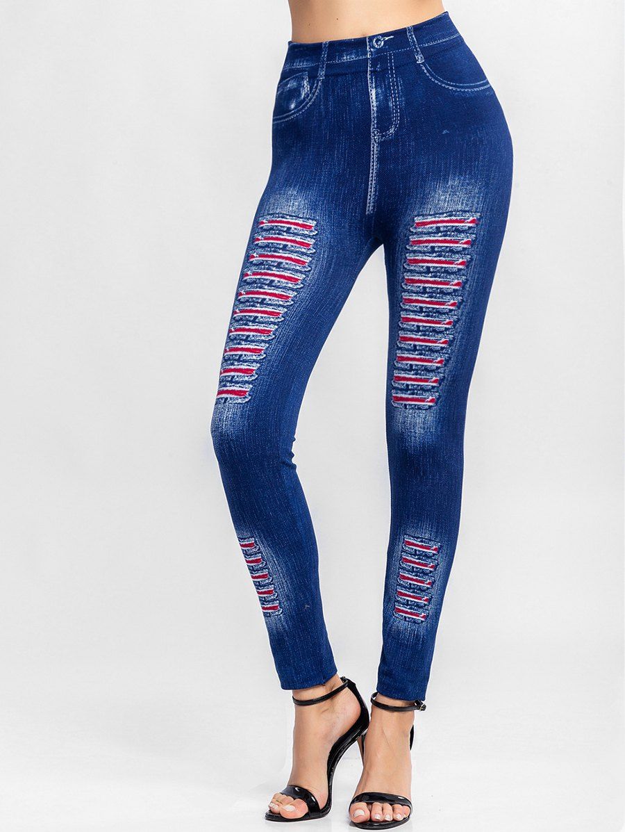 

3D Print High Waisted Knit Jeggings, Deep blue