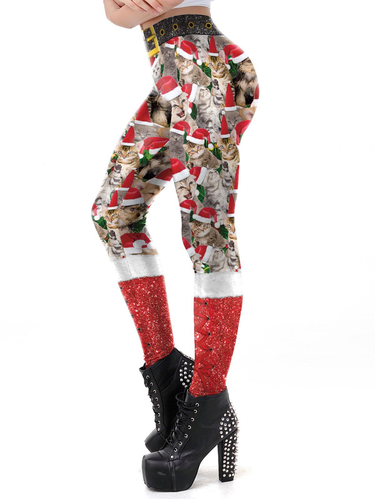 

Santa Claus Cats Printed Christmas Leggings, Red