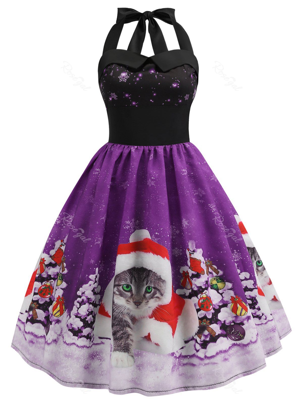 

Smocked Back Halter Christmas Tree Cat Snowflake Plus Size Dress, Dark orchid