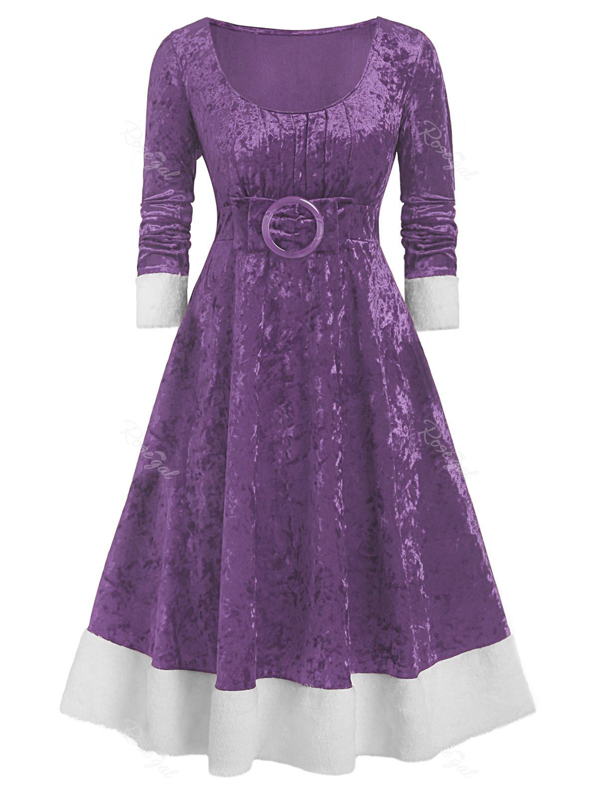 

Plus Size Christmas O-ring Bowknot Contrast Velvet Midi Dress, Purple amethyst