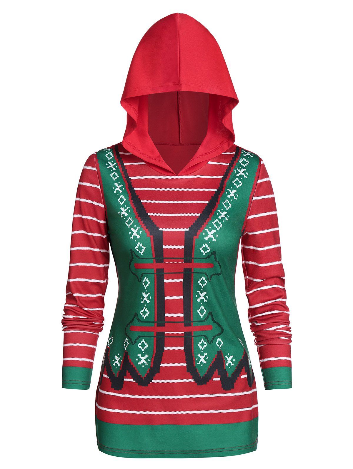 

Christmas Contrast Striped Print Hoodie, Red