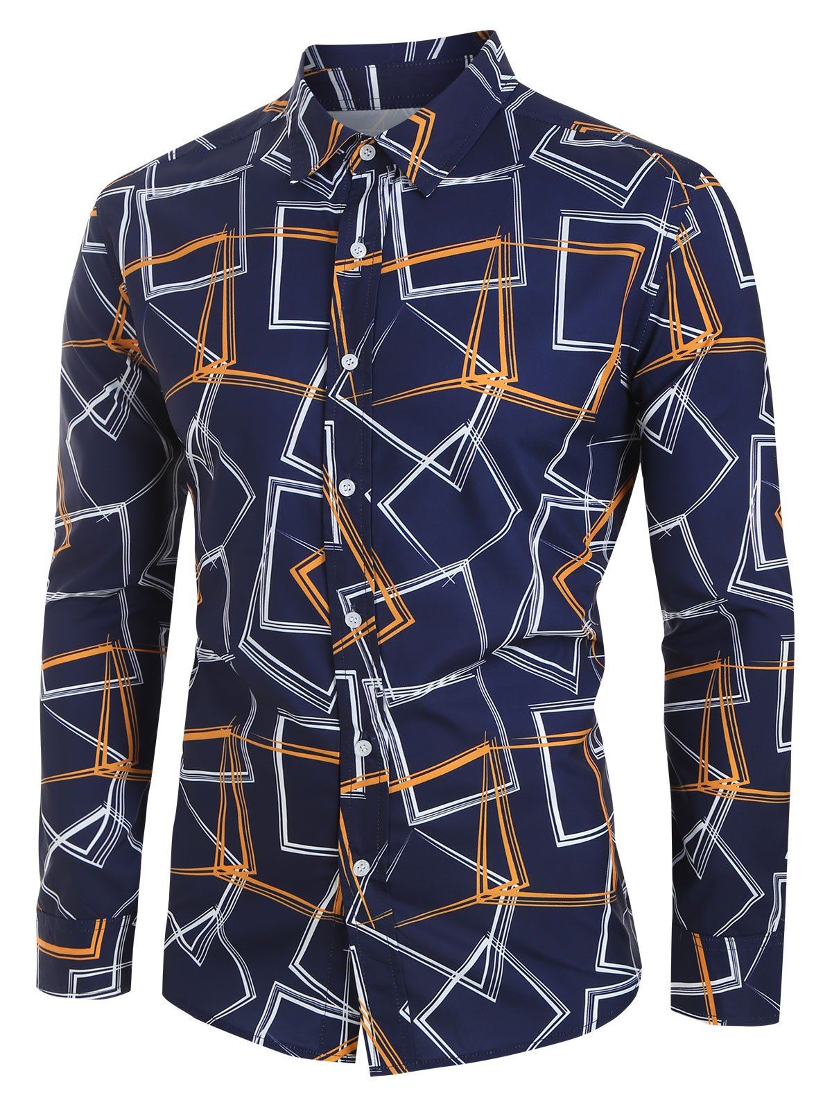 

Plus Size Contrast Geometric Graphic Print Button Shirt, Cadetblue