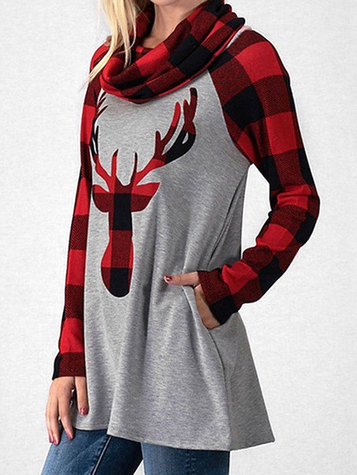

Cowl Neck Plaid Elk Print Christmas T Shirt, Gray